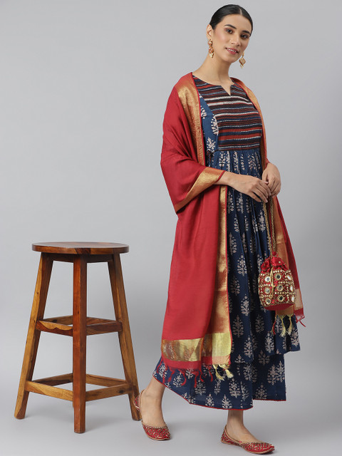 

Khushal K Women Navy Blue & Beige Printed Kurta with Palazzos & Dupatta