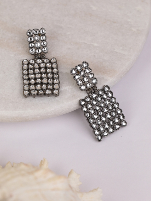 

Priyaasi Gunmetal-Toned Silver-Plated Stone-Studded Handcrafted Geometric Drop Earrings, Metallic