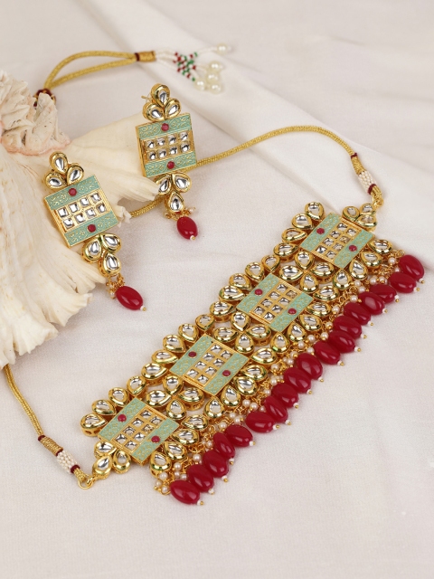 

Priyaasi Green & Red Gold-Plated Kundan & Ruby Studded Handcrafted Choker Jewellery Set