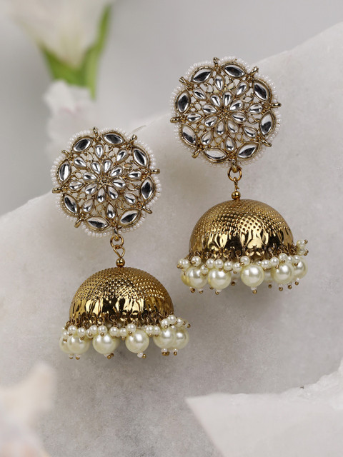 

Priyaasi White Gold-Plated Handcrafted Kundan-Studded & Beaded Dome Shaped Jhumkas