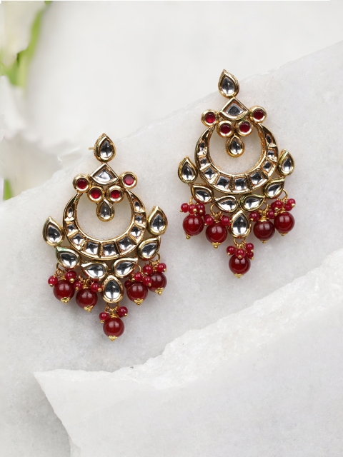 

Priyaasi Maroon Gold-Plated Kundan Studded & Beaded Handcrafted Crescent Shaped Chandbalis