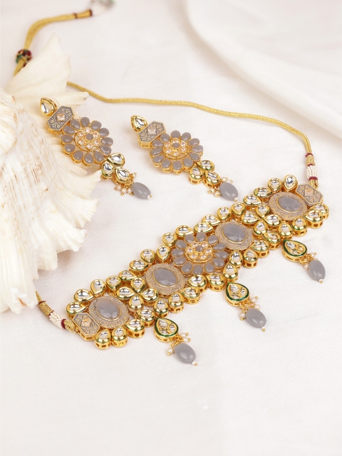 

Priyaasi Women Gold-Plated Grey Kundan Studded beaded Jewellery Set