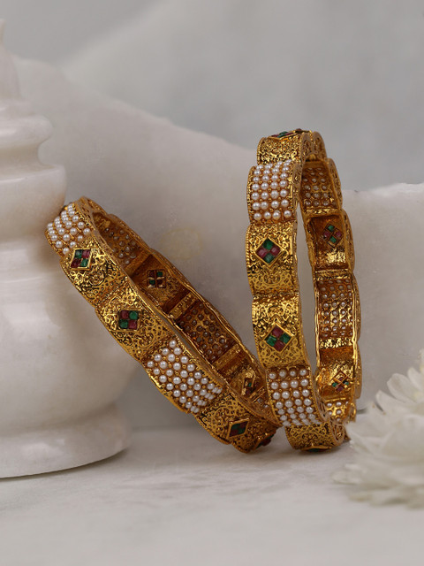 

Priyaasi Set of 2 White & Green Gold-Plated Stone-Studded & Beaded Handcrafted Bangles
