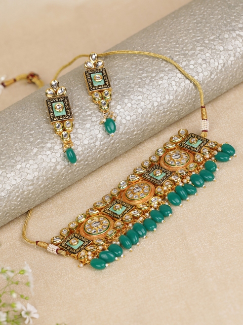 

Priyaasi Sea Green Gold-Plated Kundan & Emerald Studded Handcrafted Choker Jewellery Set