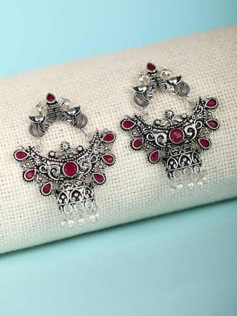 

Priyaasi Pink Silver-Plated Oxidised Handcrafted Beaded Peacock Shaped Drop Earrings