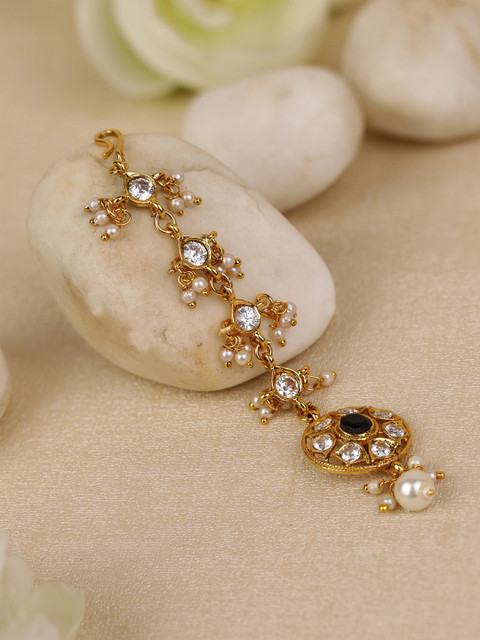 

Priyaasi Black Gold-Plated Stone-Studded & Beaded Circular Shaped Handcrafted Maang Tika