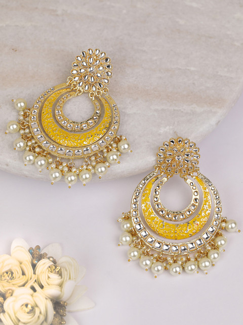 

Priyaasi Yellow Gold-Plated Enamelled Handcrafted Kundan Crescent Shaped Chandbalis