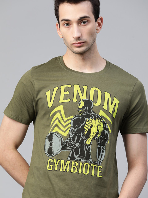 

Kook N Keech Marvel Men Olive Green Yellow Printed Pure Cotton Marvel Pure Cotton T-shirt