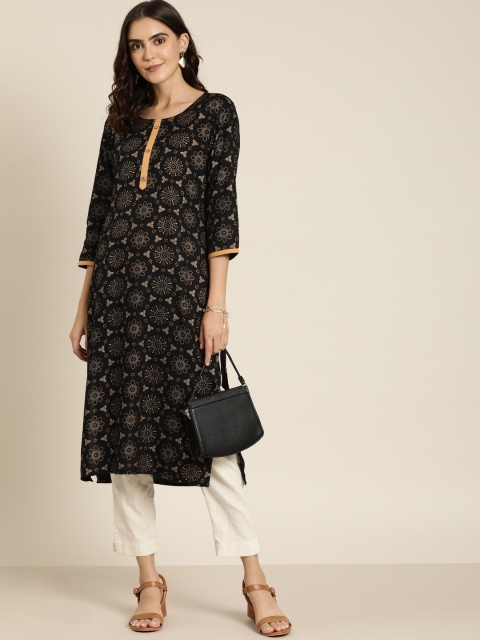 

Moda Rapido Women Black & Gold-Coloured Printed Straight Kurta