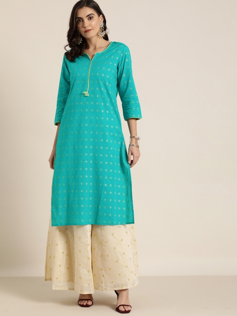 

Moda Rapido Women Turquoise Blue & Golden Foil Printed Straight Kurta