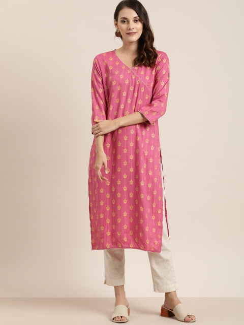 

Moda Rapido Women Pink & Golden Foil Printed Straight Angrakha Kurta