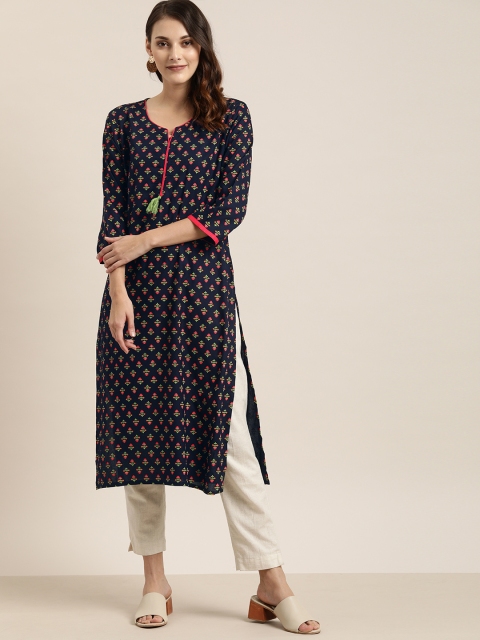 

Moda Rapido Women Navy Blue & Pink Printed Straight Kurta