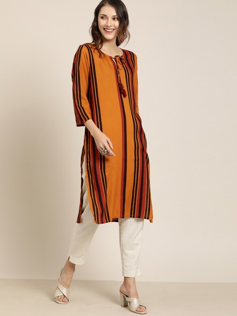 

Moda Rapido Women Rust Orange & Black Striped Straight Kurta