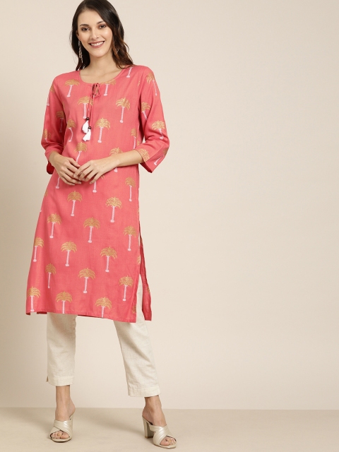 

Moda Rapido Women Coral Pink & Beige Tropical Printed Straight Kurta