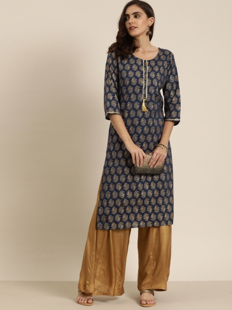 

Moda Rapido Women Navy Blue & Golden Foil Printed Straight Kurta with Zari Trim