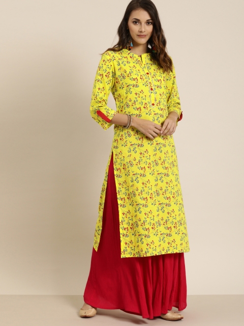 

Moda Rapido Women Yellow & Grey Floral Printed Straight Kurta with Zari Trim