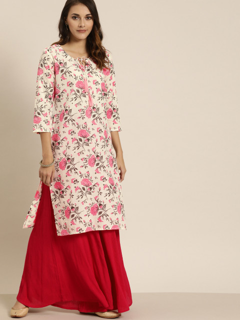 

Moda Rapido Women Off-White & Pink Floral Printed Straight Kurta