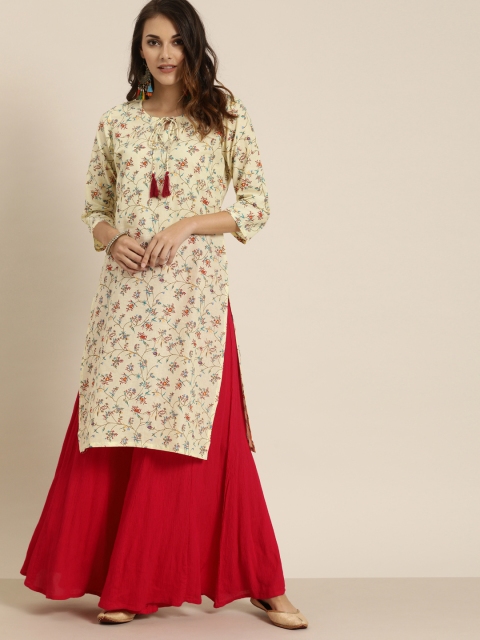 

Moda Rapido Women Cream-Coloured & Maroon Floral Printed Straight Kurta