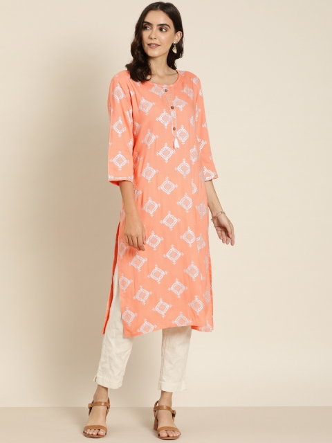 

Moda Rapido Women Peach-Coloured & Silver-Toned Printed Straight Kurta