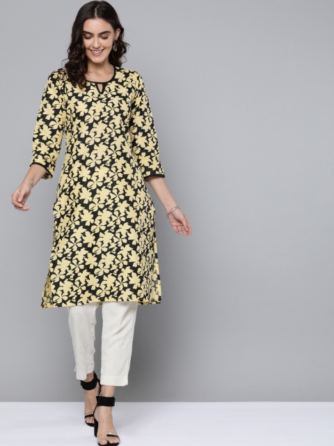 

HERE&NOW Women Black & Yellow Printed Straight Kurta