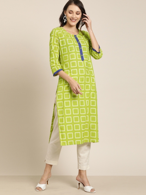 

Moda Rapido Women Green & White Geometric Printed Straight Kurta