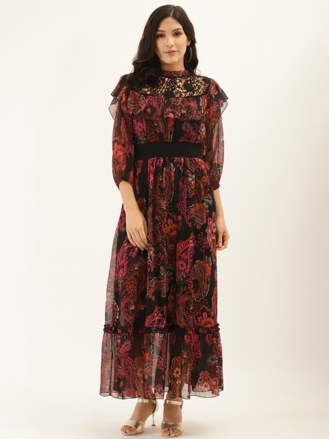 

Antheaa Women Black & Pink Floral Print Smocked Tiered Maxi Dress