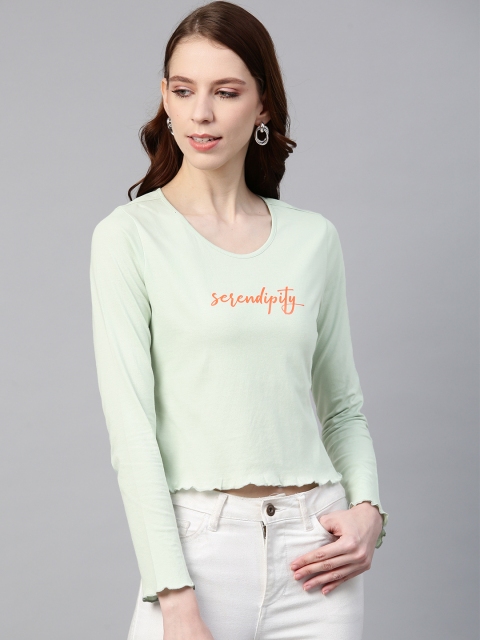 

VividArtsy Women Sea Green Orange Printed Round Neck Pure Cotton T-shirt