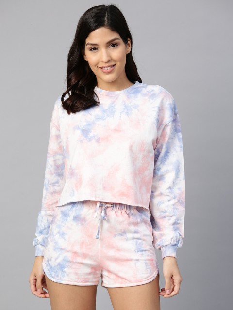 

VividArtsy Women White & Pink Dyed Sweatshirt & Short Set