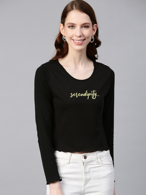 

VividArtsy Women Black Lime Green Printed Round Neck Pure Cotton T-shirt