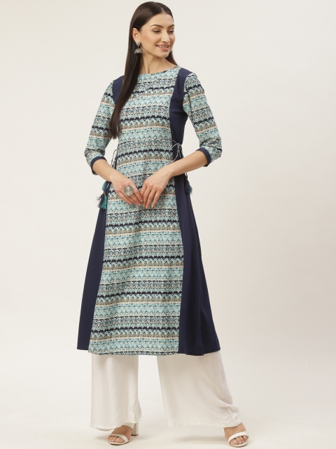 

WISSTLER Women Blue & White Printed A-Line Kurta