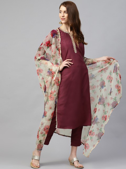 

SIAH Women Burgundy & Beige Solid Kurta with Trousers & Dupatta