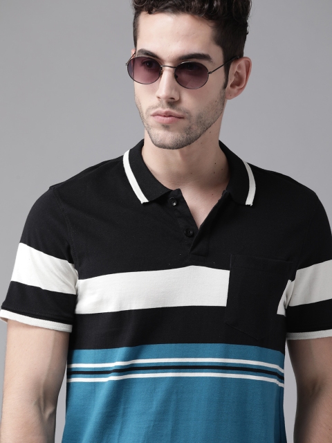 

Roadster Men Black & Blue Pure Cotton Striped Polo Collar T-shirt