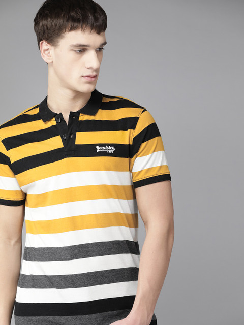 

Roadster Men Mustard Yellow & Off-White Striped Polo Collar T-shirt