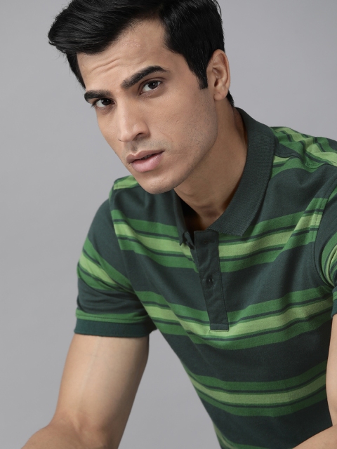 

Roadster Men Green Striped Pure Cotton Polo Collar T-shirt