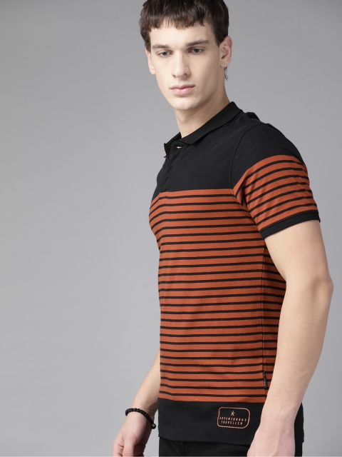

Roadster Men Black & Rust Orange Striped Cotton Polo Collar T-shirt