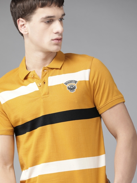 

Roadster Men Mustard Yellow & White Pure Cotton Striped Polo Collar T-shirt