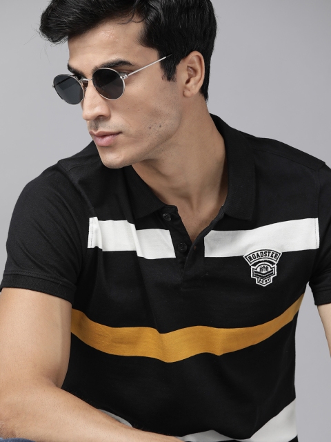

Roadster Men Black & Mustard Yellow Pure Cotton Striped Polo Collar T-shirt