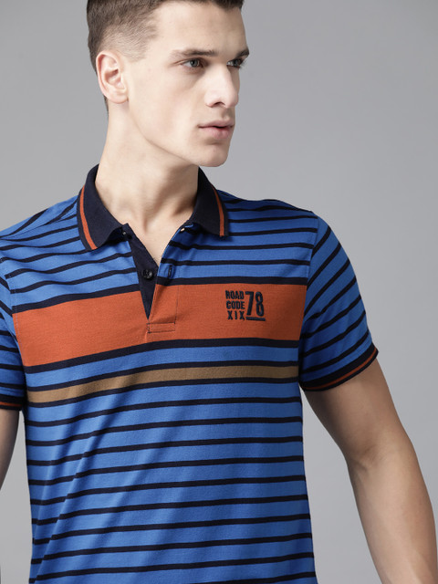 

Roadster Men Blue & Rust Orange Striped Pure Cotton Polo Collar T-shirt