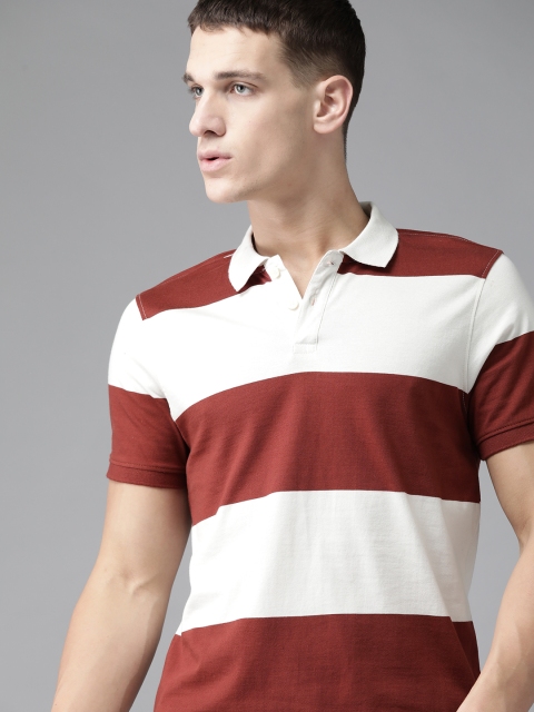 

Roadster Men Off-White Maroon Pure Cotton Striped Polo Collar Pure Cotton T-shirt