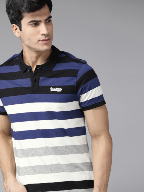 

Roadster Men Blue & White Pure Cotton Striped Polo Collar T-shirt