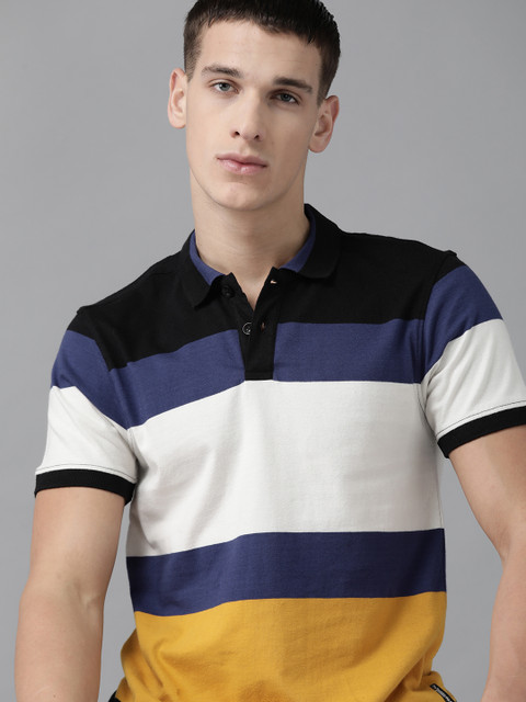

Roadster Men Off-White Mustard Yellow Pure Cotton Striped Polo Collar Pure Cotton T-shirt