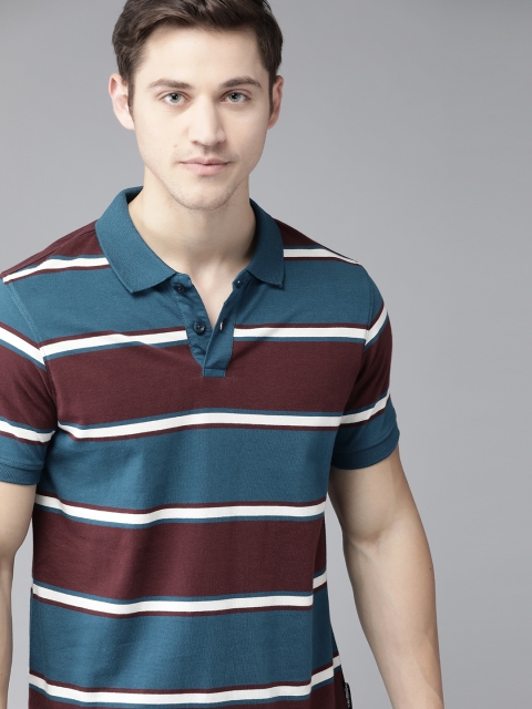 

Roadster Men Teal Blue & Burgundy Pure Cotton Striped Polo Collar T-shirt