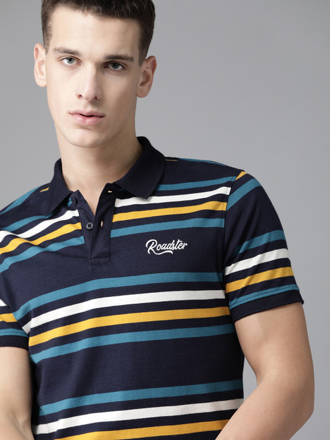 

Roadster Men Navy & Mustard Yellow Pure Cotton Striped Polo Collar T-shirt, Navy blue
