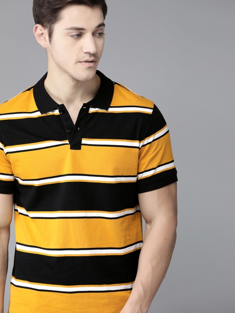 

Roadster Men Mustard Yellow & Black Pure Cotton Striped Polo Collar T-shirt