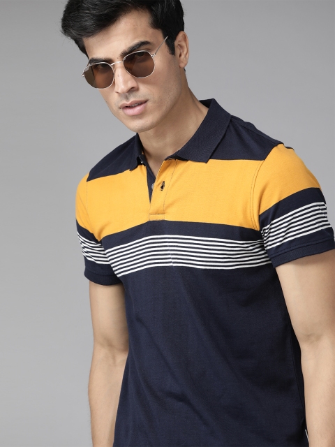

Roadster Men Navy Blue & Yellow Pure Cotton Striped Polo Collar T-shirt