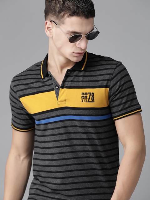 

Roadster Men Charcoal Grey & Black Striped Polo Collar T-shirt