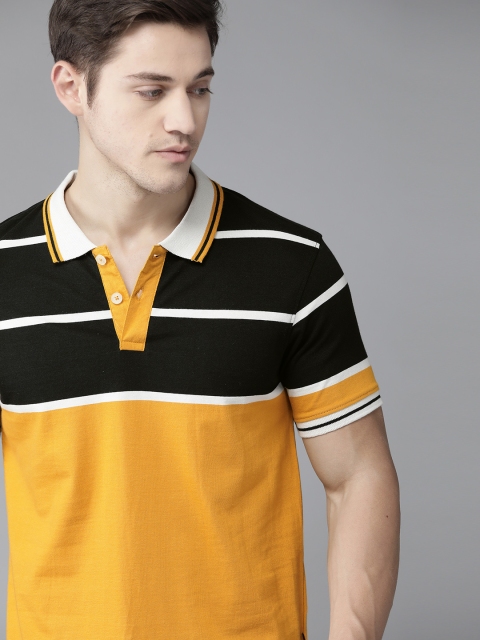 

Roadster Men Mustard Yellow & Black Pure Cotton Striped Polo Collar T-shirt
