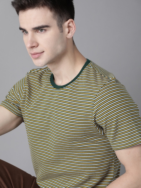 

Roadster Men Green & Yellow Pure Cotton Striped T-shirt