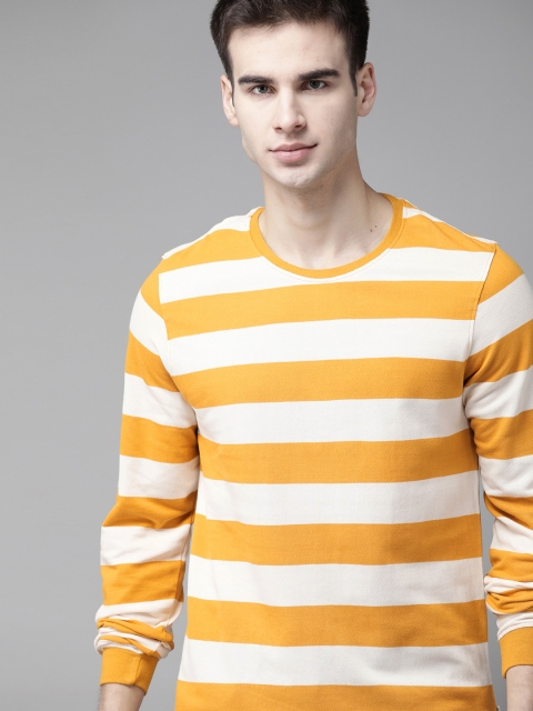 

Roadster Men Mustard Yellow & Off-White Striped Pure Cotton Round Neck T-shirt
