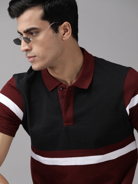 

Roadster Men Maroon Black Pure Cotton Colourblocked Polo Collar Pure Cotton T-shirt